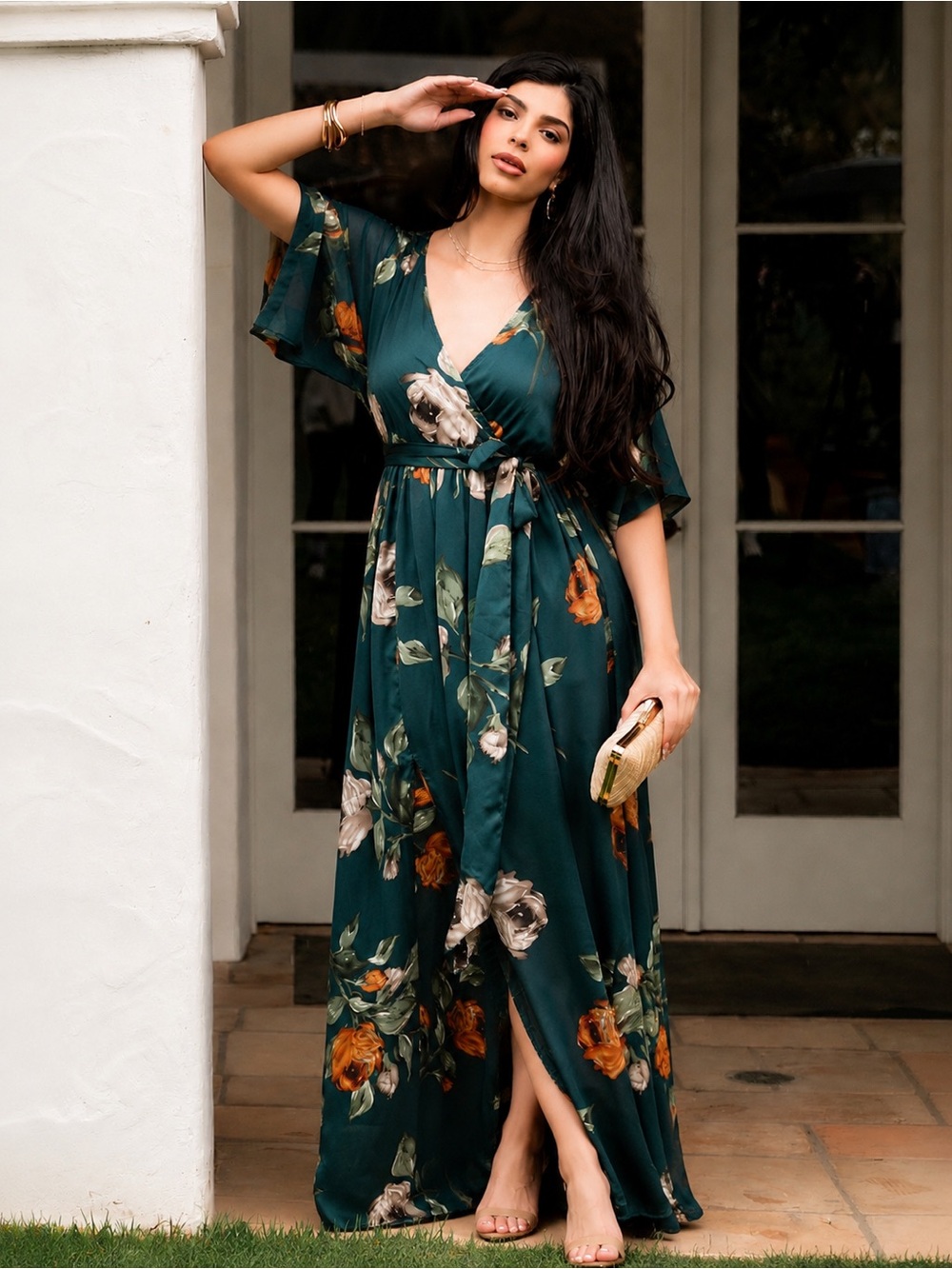 Baltic Born | Teal Floral Sicily Satin Wrap Dress with Orange Blooms New ~ XS